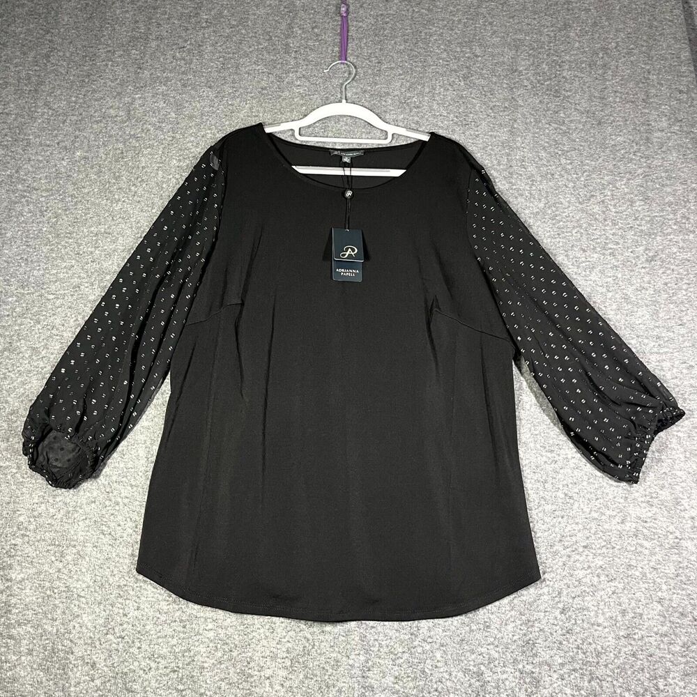 Adrianna Papell Black Top Silver Metallic Clip Dot Puff Sleeve Blouse Sz 1X NWT
